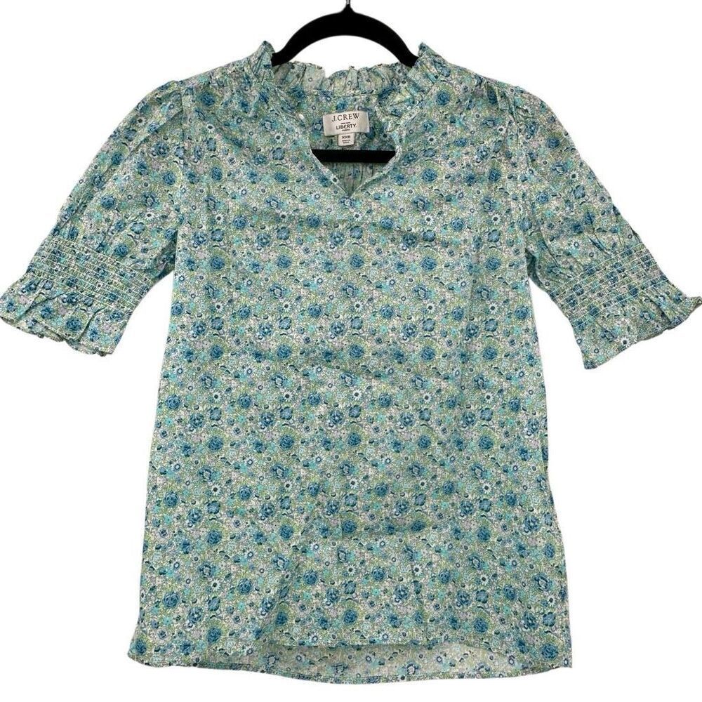J. Crew Blue Green Liberty Amelie Floral Puff Sleeve Ruffle Blouse Top Size XXS